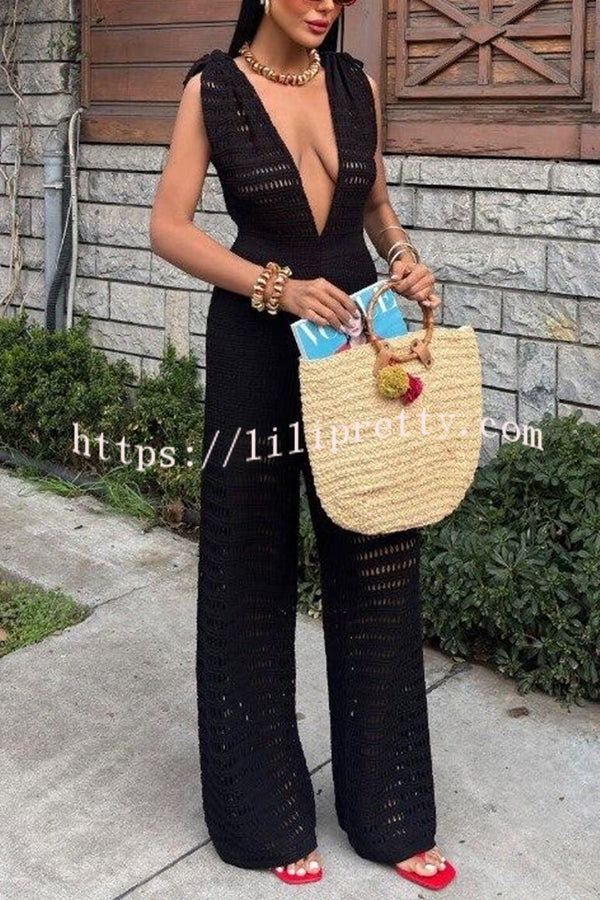 Solid Color Knitted V-neck Holiday Hollow Casual Jumpsuit