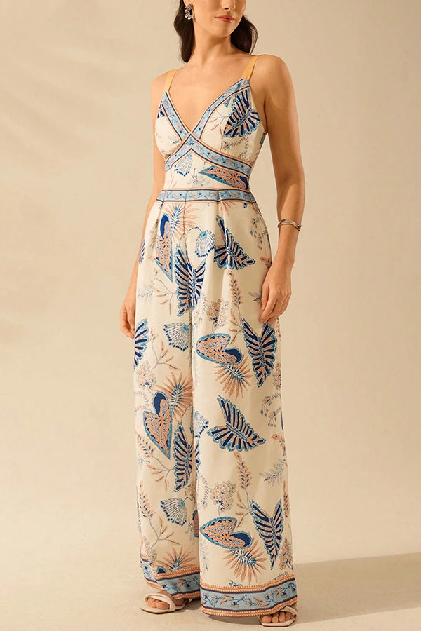 Bohemian Style Plant Print Casual Sling Holiday Loose Jumpsuit