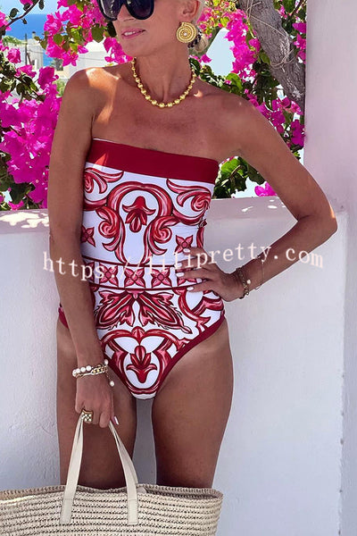 Lilipretty® Summer Lovin Unique Royal Print Strapless One Piece Stretch Swimsuit and Pareo