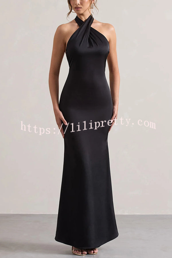 Solid Color Halter Neck Tie Sexy Backless Slim Maxi Dress