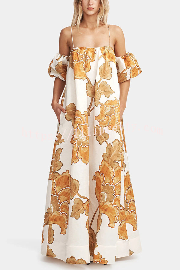 Floral Print Suspenders Puff Sleeves Loose Pocket Holiday Maxi Dress