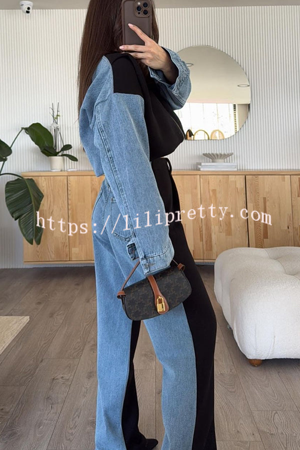 Sports Fashion Denim Patchwork Sweatshirt Fabric Zipper Long Sleeve Loose Jacket