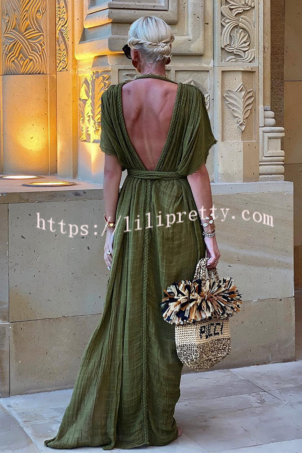 Greek Style Linen Blend Draped Braids Kimono Cover Up Slit Maxi Dress lilipretty Greek Style Linen Blend Draped Braids Kimono Cover Up Slit Maxi Dress lilipretty