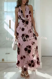 Rose Secret Printed Cowl Neck Halter Backless Maxi Dress