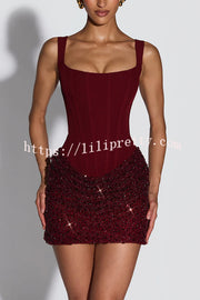 Yeona Square Neck Back Lace-up Sequin Embroidery Drape Hem Mini Dress