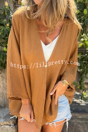 Solid Color V-neck Loose Long-sleeved Button Top