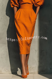 Linen Blend Round Neck Balloon Sleeve Top and High Waist Casual Pocket Midi Skirt Set