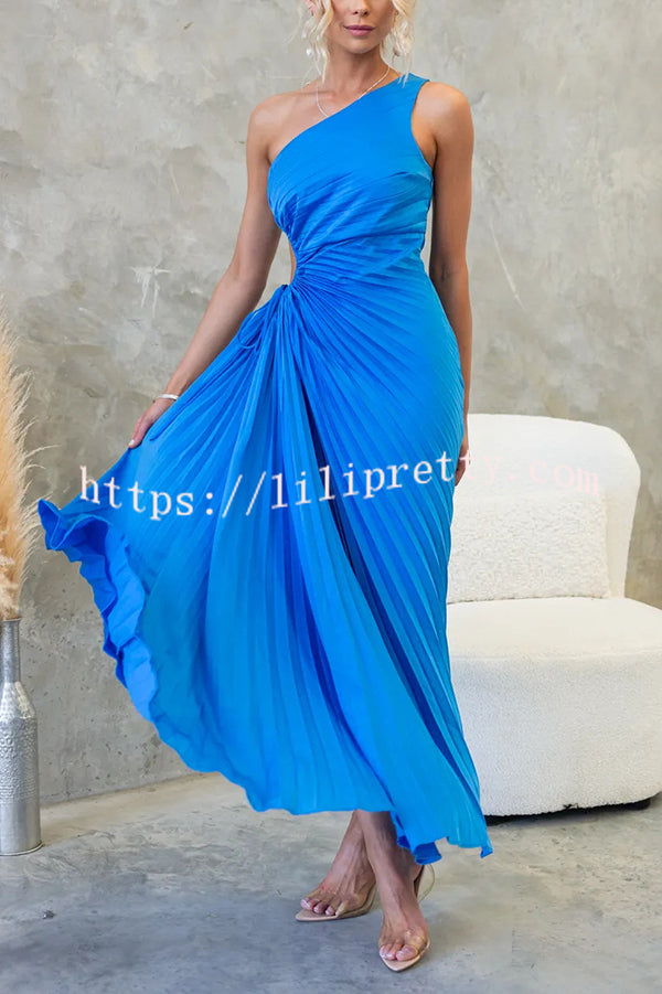 Charming One Shoulder Lace Up Cutout Pleated Maxi Dress