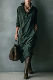 Solid Color Loose Suede Long-sleeved Casual Midi Dress