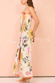 Inessa Linen Blend Floral Print Strapless Wrap Bow Maxi Dress