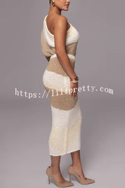 Soft Autumn Knit Colorblock One Shoulder Sleeve Ribbed Trim Loose Sweater