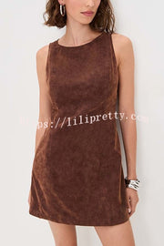 Atlas Faux Suede Open Back Button Accents Zipper Mini Dress