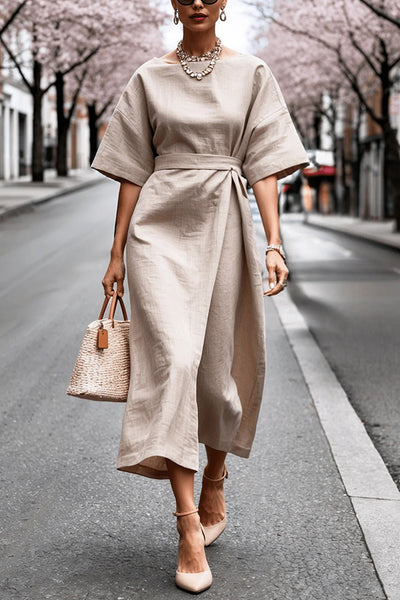 Solid Color Round Neck Half Sleeve Casual Waist Midi Dress
