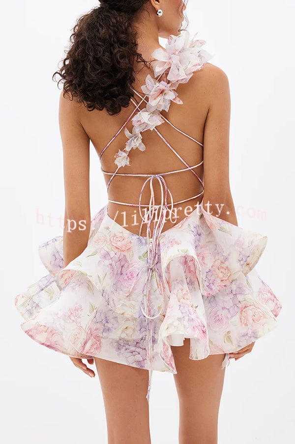 Floral Print V-neck Halter Back Tie Double Layer Mini Dress
