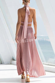Stunning Choice Satin Pleated Halter High Neck Cutout Waist Backless Maxi Dress