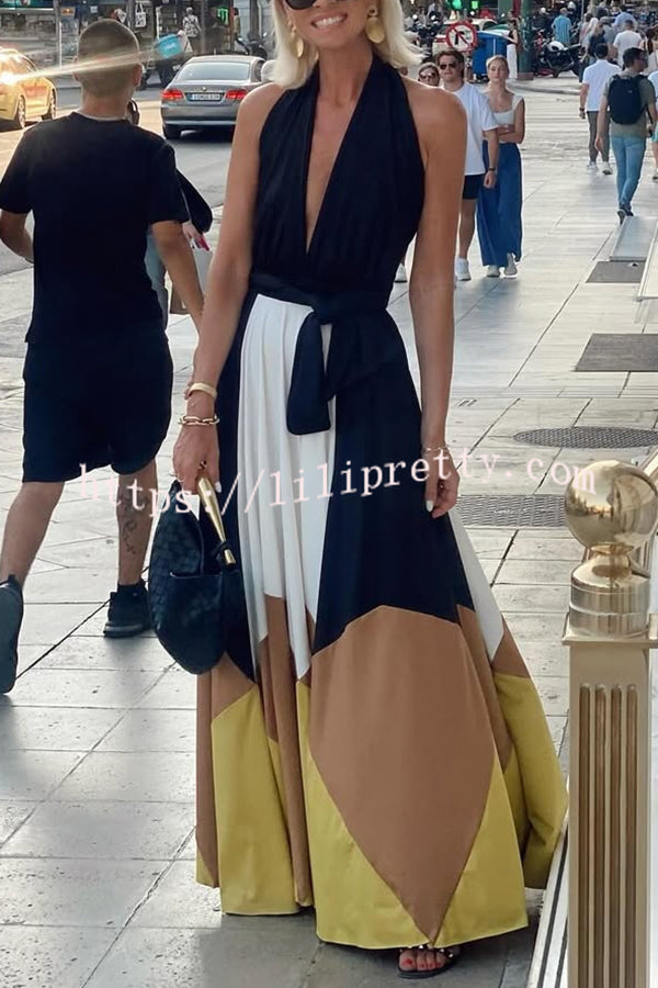 Fashion Colorblock Sexy Backless Tie Waist Full Hem Maxi Dress