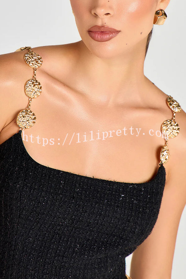 Timeless Exquisite Tweed Fabric Metal Coin Chain Detail Slip Mini Dress