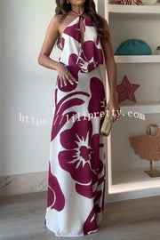 Leslie Flower Print Halter Cutout Cowl Neck Backless Maxi Dress