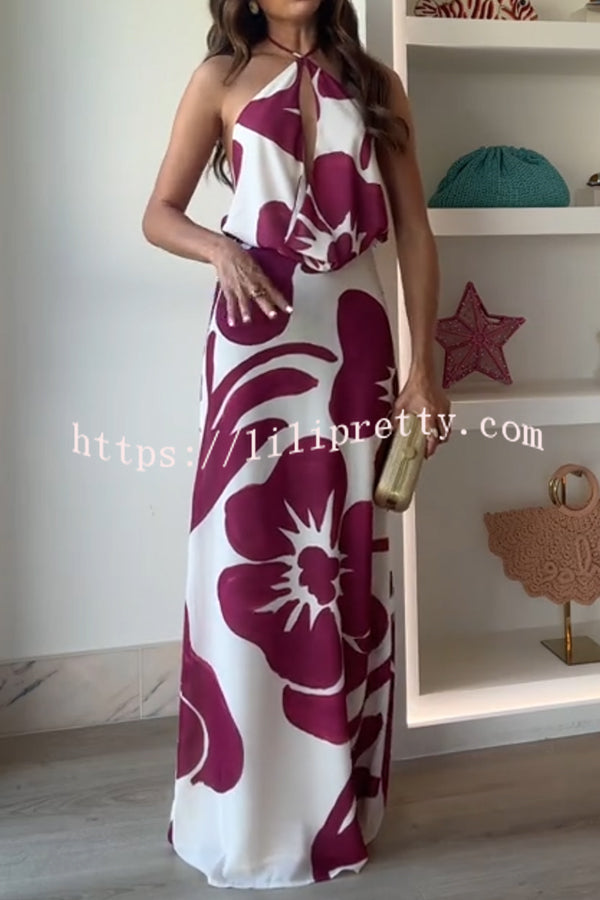 Leslie Flower Print Halter Cutout Cowl Neck Backless Maxi Dress