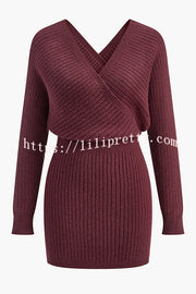 Solid Color Crossover V-neck Long-sleeved Fitted Waist Knit Mini Dress
