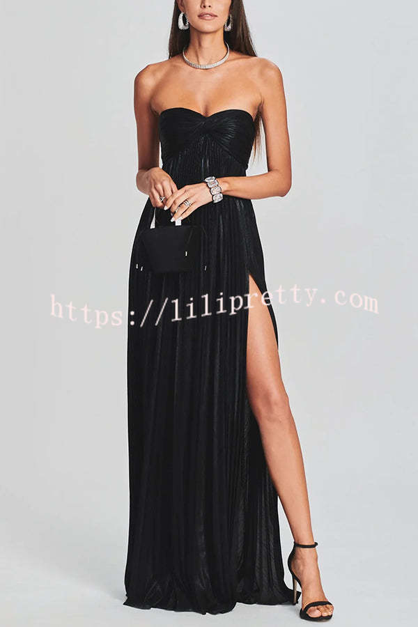 Metallic Sexy Tube Top Pleated High Slit Maxi Dress