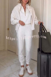 Ivory Marl Fleck Half-Zip Neck Long Sleeve Sweatshirt and Elastic Waist Pocket Jogger Set