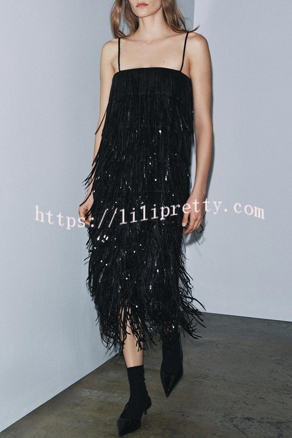 Chic Celebration Layered Sequined Tassels Slip Strapless H-line Midi Dress