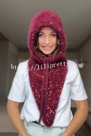 Sequined Drawstring Balaclava Warm Loop Scarf Hat and Gloves