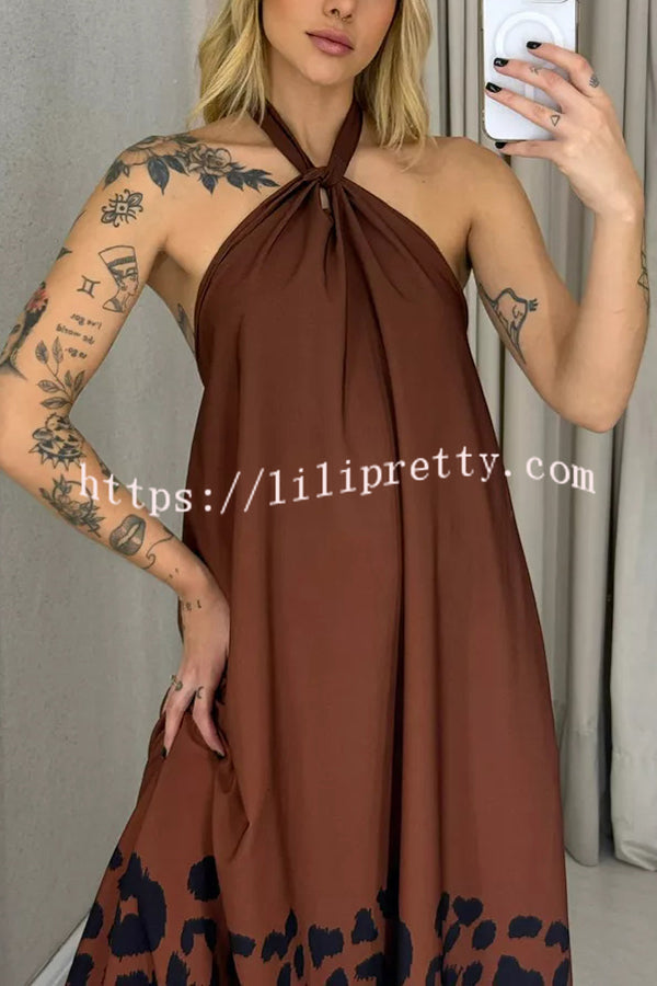 Leopard Print Sexy Halter Neck Backless Loose Maxi Dress