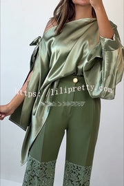Chic Moment Satin Irregular Knot Slit Sleeve One Shoulder Loose Blouse