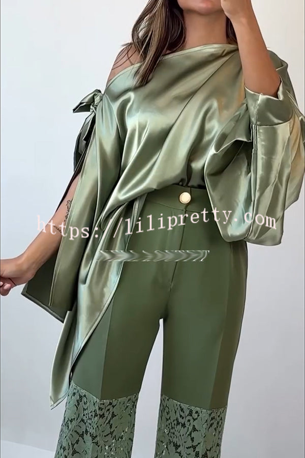 Chic Moment Satin Irregular Knot Slit Sleeve One Shoulder Loose Blouse