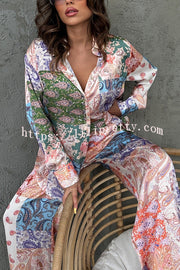 Unique Ethnic Print Long-sleeved Shirt and Elastic Waist Pants Set