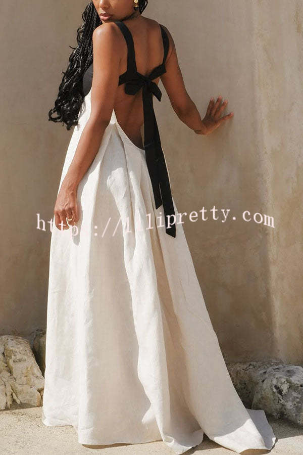 Jordina Linen Blend Colorblock Cups Backless Tie-up Loose Maxi Dress