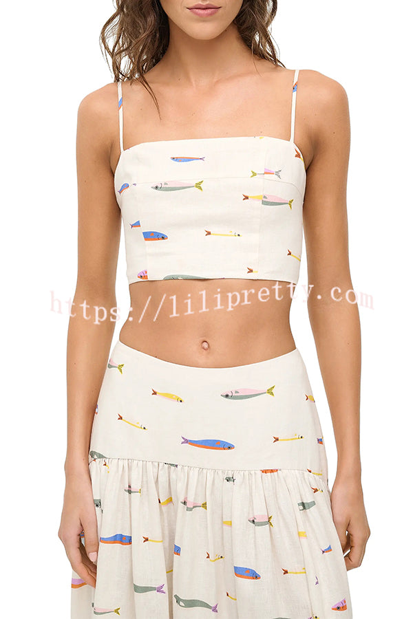 Island Resort Linen Blend Back Smocked Crop Tank and High Rise A-line Maxi Skirt Set