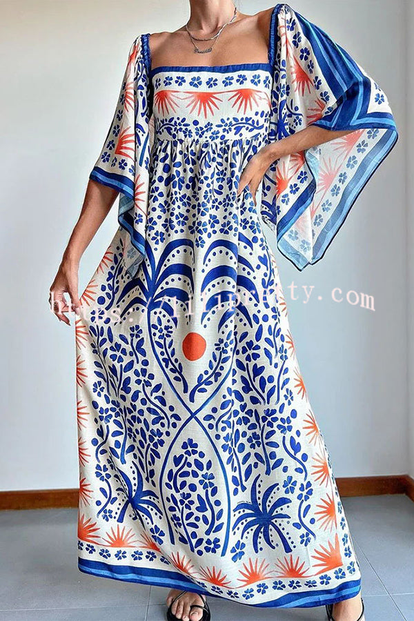 Lilipretty Resort Style Ethnic Print Square Neck Bell Sleeve Loose Maxi Dress