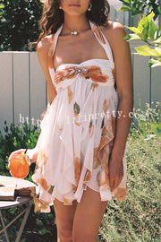 Arabella Floral Print Starfish Brooch Inverted Halter Neck Slit Ruffles Mini Dress