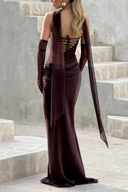 Liora Ruched Cowl Neck Sheer Mesh Waist Off Shoulder Scarf Maxi Dress