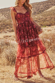 Romantic and Elegant Mesh Floral Back Smocked Tiered Ruffle Maxi Dress