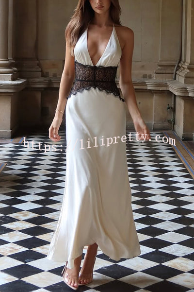 Seductive Details Satin Lace Waist Halter Tie-up Backless Maxi Dress