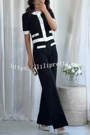 Fashionable Contrast Color Short-sleeved Button-down Top