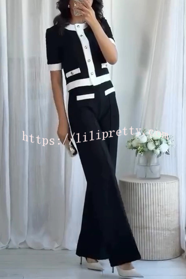 Fashionable Contrast Color Short-sleeved Button-down Top