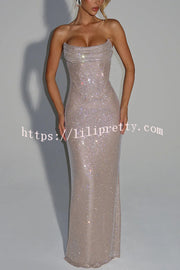 Mirabella Sequin Pleated Cowl Scooped Neckline Back Lace-up Strapless Maxi Dress