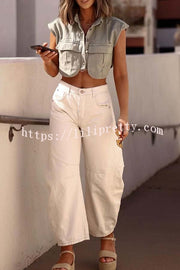 Stylish Weekend Denim Button Up Cape Sleeve Pocket Crop Top