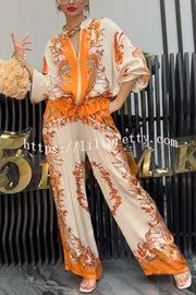 Unique Printed Casual Long-sleeved Loose Top and Elastic Waist Pocket Wide-leg Pants Set