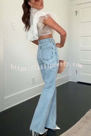 Kathlyn Lace Layered Tulle High Neck Ruffle Cropped Top