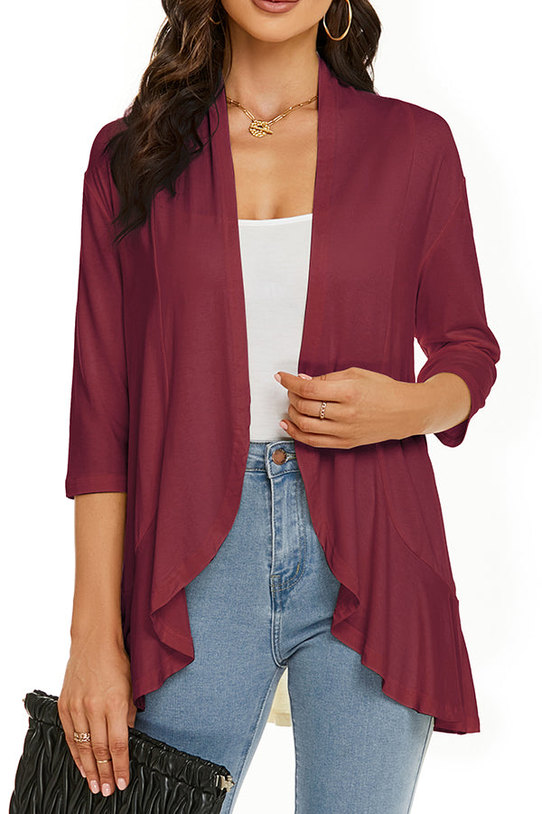 Solid Color Casual Three-quarter Sleeve Ruffled Loose Cardigan