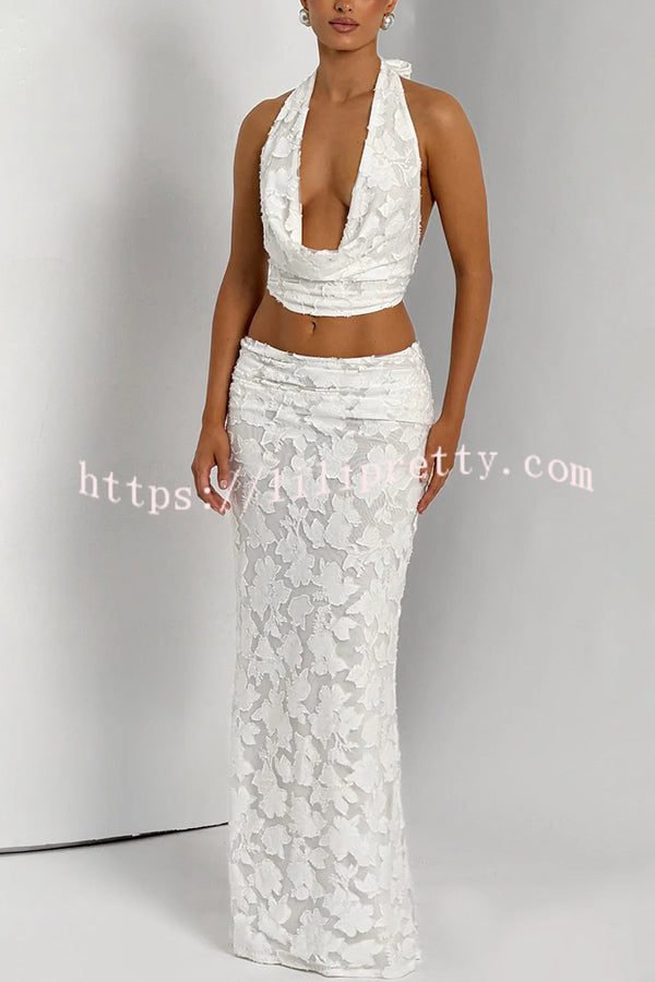 Myra Floral Burnout Jersey Fabric Halter Crop Tank and Ruched Maxi Skirt Set