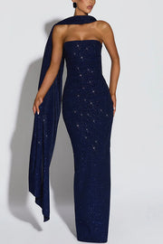 Pandra Glittery Crepe Fabric Off Shoulder Ruched Slit Cape Maxi Dress