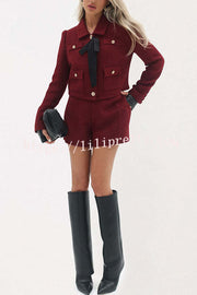 Sweet Dreams Tweed Bow Neck Button Long Sleeve Pocket Crop Jacket