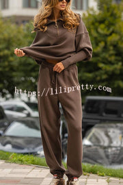 Solid Color Long-sleeved Zip-up Sweatshirt and Elastic Waist Loose Pocket Pants Set